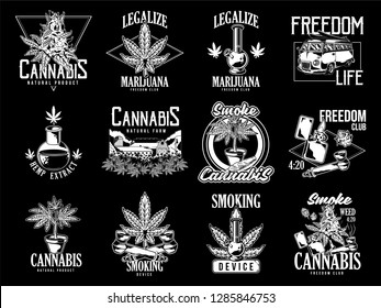 Vintage Graphic Set Green Cannabis Marijuana Hemp Medical Weed Device Joint For Smoking Old School Car Graphic Design Print T Shirt Sweatshirt Banner Phrases For Embroidery On Clothes 
Illustration.