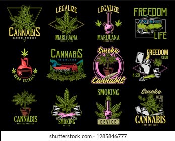 Vintage graphic set green cannabis marijuana hemp medical weed device joint for smoking old school car graphic design print t shirt sweatshirt banner phrases for embroidery on clothes 
illustration.