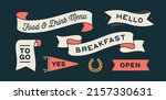 Vintage graphic set. Ribbon, flag, arrow, board with text Breakfast, Open, Yes, To Go, Hello, Menu. Set of ribbon banner and retro graphic. Isolated vintage old school set shapes. Vector Illustration