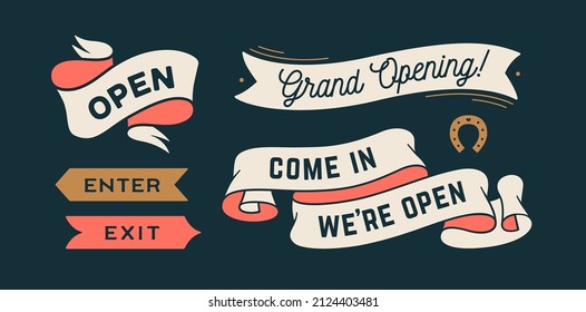 Vintage graphic set. Ribbon, flag, arrow, board with text Open, We are Open, Grand Opening. Set of ribbon banner and retro graphic. Isolated vintage old school set shapes. Vector Illustration