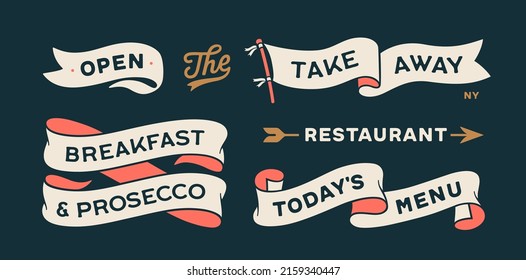 Vintage graphic set. Ribbon, flag, arrow, board with text Open, Take Away, Breakfast, Menu. Set of ribbon banner and retro graphic. Isolated vintage old school set shapes. Vector Illustration