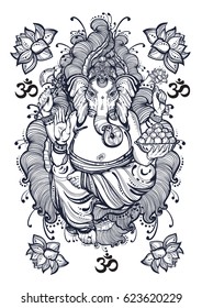 Vintage graphic style Lord Ganesha with beautiful floral elements. High-quality vector illustration, tattoo art, yoga, Indian, spa, religion, boho design. Ideal for print, posters, t-shirts textiles