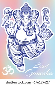 Vintage graphic style Lord Ganesha over colorful background. High-quality vector illustration, tattoo art, yoga, Indian, spa, religion, boho design. Print, posters, sticker, t-shirts, textiles.