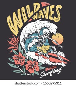 Vintage graphic of a surfing skeleton with hibiscus flowers