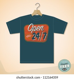 Vintage Graphic T-shirt design - Open 24/7 - Vector EPS10. Grunge effects can be easily removed for a cleaner look.