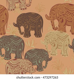 Vintage graphic vector Indian ethnic elephant seamless pattern. African tribal ornament. Can be used for textile, prints, phone case, greeting and business card