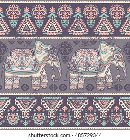 Vintage graphic vector Indian ethnic elephant seamless pattern. African tribal ornament. Can be used for a coloring book, textile, prints, phone case, greeting card