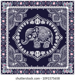 Vintage graphic vector Indian lotus ethnic elephant. African tribal ornament. Can be used for coloring books, textile, prints, phone case, greeting card, business card
