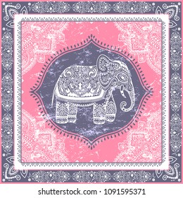 Vintage graphic vector Indian lotus ethnic elephant. African tribal ornament. Can be used for coloring books, textile, prints, phone case, greeting card, business card