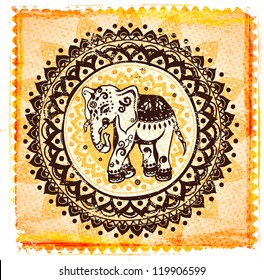 Vintage graphic vector Indian lotus ethnic elephant. African tribal ornament. Can be used for a coloring book, textile, prints, phone case, greeting card