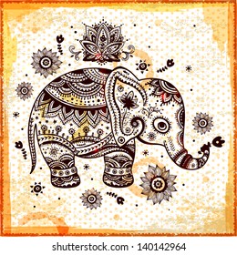 Vintage graphic vector Indian lotus ethnic elephant. African tribal ornament. Can be used for a coloring book, textile, prints, phone case, greeting card