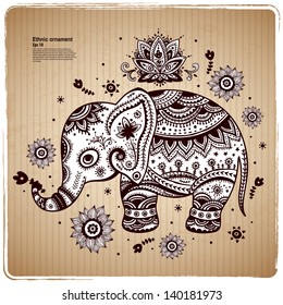 Vintage graphic vector Indian lotus ethnic elephant. African tribal ornament. Can be used for a coloring book, textile, prints, phone case, greeting card