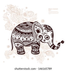 Vintage graphic vector Indian lotus ethnic elephant. African tribal ornament. Can be used for a coloring book, textile, prints, phone case, greeting card