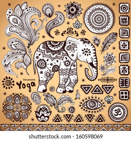 Vintage graphic vector Indian lotus ethnic elephant. African tribal ornament. Can be used for a coloring book, textile, prints, phone case, greeting card