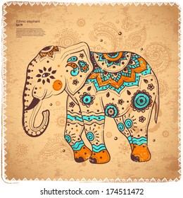 Vintage graphic vector Indian lotus ethnic elephant. African tribal ornament. Can be used for a coloring book, textile, prints, phone case, greeting card