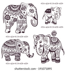 Vintage graphic vector Indian lotus ethnic elephant. African tribal ornament. Can be used for a coloring book, textile, prints, phone case, greeting card