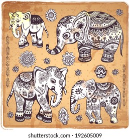 Vintage graphic vector Indian lotus ethnic elephant. African tribal ornament. Can be used for a coloring book, textile, prints, phone case, greeting card