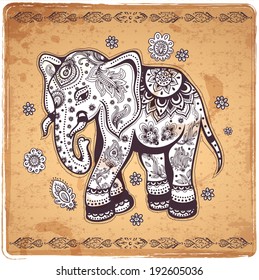 Vintage graphic vector Indian lotus ethnic elephant. African tribal ornament. Can be used for a coloring book, textile, prints, phone case, greeting card