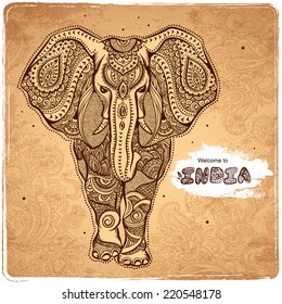 Vintage graphic vector Indian lotus ethnic elephant. African tribal ornament. Can be used for a coloring book, textile, prints, phone case, greeting card