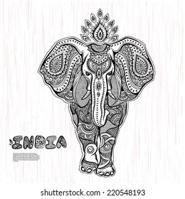 Vintage graphic vector Indian lotus ethnic elephant pattern. African tribal ornament. Can be used for a coloring book, textile, prints, phone case, greeting card, business card