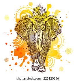 Vintage graphic vector Indian lotus ethnic elephant. African tribal ornament. Can be used for a coloring book, textile, prints, phone case, greeting card