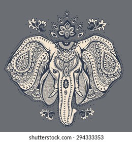 Vintage graphic vector Indian lotus ethnic elephant. African tribal ornament. Can be used for a coloring book, textile, prints, phone case, greeting card