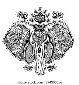 Vintage graphic vector Indian lotus ethnic elephant. African tribal ornament. Can be used for a coloring book, textile, prints, phone case, greeting card