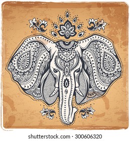 Vintage graphic vector Indian lotus ethnic elephant. African tribal ornament. Can be used for a coloring book, textile, prints, phone case, greeting card