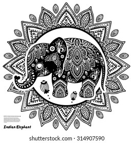 Vintage graphic vector Indian lotus cute ethnic elephant seamless pattern. African tribal ornament. Can be used for a coloring book, textile, prints, phone case, greeting card, business card