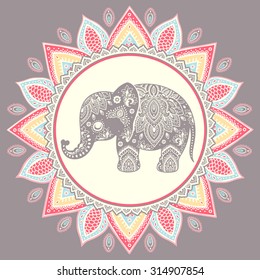 Vintage graphic vector Indian lotus ethnic elephant. African tribal ornament. Can be used for a coloring book, textile, prints, phone case, greeting card