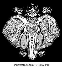 Vintage graphic vector Indian lotus ethnic elephant. African tribal ornament. Can be used for a coloring book, textile, prints, phone case, greeting card