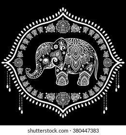 Vintage graphic vector Indian lotus ethnic elephant. African tribal ornament. Can be used for a coloring book, textile, prints, phone case, greeting card