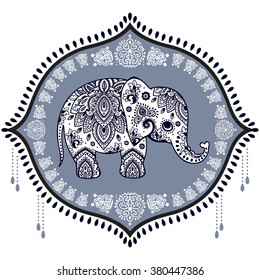 Vintage graphic vector Indian lotus ethnic elephant. African tribal ornament. Can be used for a coloring book, textile, prints, phone case, greeting card
