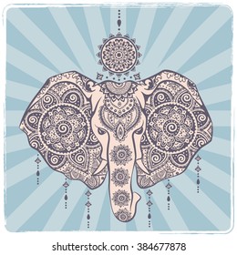 Vintage graphic vector Indian lotus cute ethnic elephant seamless pattern. African tribal ornament. Can be used for a coloring book, textile, prints, phone case, greeting card, business card