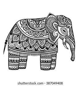 Vintage graphic vector Indian lotus ethnic elephant. African tribal ornament. Can be used for a coloring book, textile, prints, phone case, greeting card