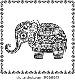 Vintage graphic vector Indian lotus ethnic elephant. African tribal ornament. Can be used for a coloring book, textile, prints, phone case, greeting card