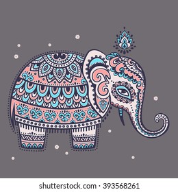 Vintage graphic vector Indian lotus ethnic elephant. African tribal ornament. Can be used for a coloring book, textile, prints, phone case, greeting card