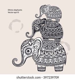 Vintage graphic vector Indian lotus ethnic elephant. African tribal ornament. Can be used for a coloring book, textile, prints, phone case, greeting card