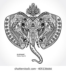 Vintage graphic vector Indian lotus ethnic elephant. African tribal ornament. Can be used for a coloring book, textile, prints, phone case, greeting card