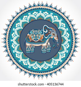 Vintage graphic vector Indian lotus ethnic elephant. African tribal ornament. Can be used for a coloring book, textile, prints, phone case, greeting card