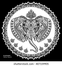 Vintage graphic vector Indian lotus ethnic elephant. African tribal ornament. Can be used for a coloring book, textile, prints, phone case, greeting card