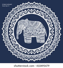 Vintage graphic vector Indian lotus ethnic elephant. African tribal ornament. Can be used for a coloring book, textile, prints, phone case, greeting card