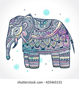 Vintage graphic vector Indian lotus ethnic elephant. African tribal ornament. Can be used for a coloring book, textile, prints, phone case, greeting card