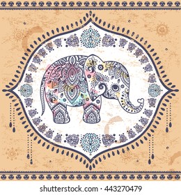 Vintage graphic vector Indian lotus ethnic elephant. African tribal ornament. Can be used for a coloring book, textile, prints, phone case, greeting card