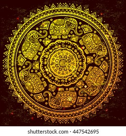 Vintage graphic vector Indian lotus cute ethnic elephant seamless pattern. African tribal ornament. Can be used for a coloring book, textile, prints, phone case, greeting card, business card