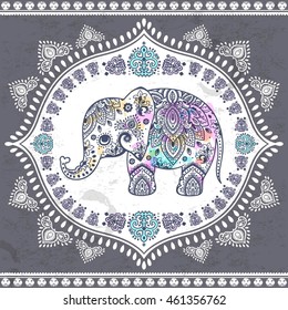 Vintage gráfico vector loto indio elefante étnico. Ornamento tribal africano. Se puede utilizar para un libro de colorear, textil, impresiones, estuche de teléfono, tarjeta de felicitación