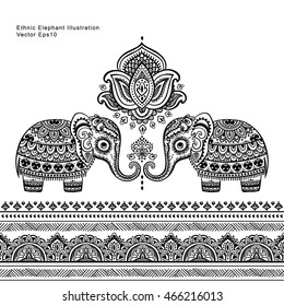 Vintage graphic vector Indian lotus ethnic elephant. African tribal ornament. Can be used for a coloring book, textile, prints, phone case, greeting card