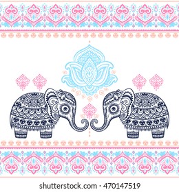 Vintage graphic vector Indian lotus ethnic elephant seamless pattern. African tribal ornament. Can be used for a coloring book, textile, prints, phone case, greeting card, business card