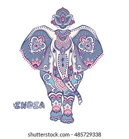 Vintage graphic vector Indian lotus ethnic elephant. African tribal ornament. Can be used for a coloring book, textile, prints, phone case, greeting card