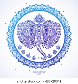 Vintage graphic vector Indian lotus ethnic elephant. African tribal ornament. Can be used for a coloring book, textile, prints, phone case, greeting card